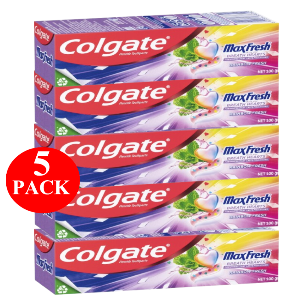 5 x Colgate Max Fresh Toothpaste With Mini Breath Hearts Rainbow Fresh 100g