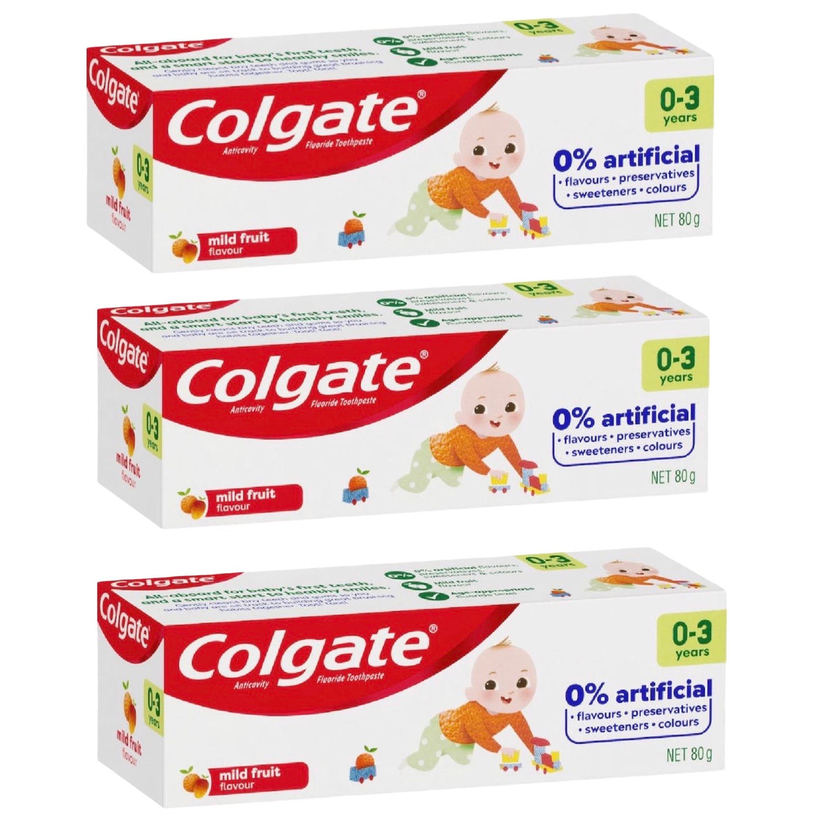 3 x Colgate Kids Toothpaste Anticavity 0-3 Yrs Mild Fruit 80g