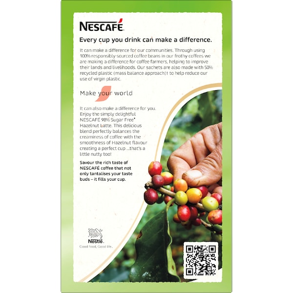 Nescafe 98% Sugar Free Hazelnut Latte Coffee Sachets (100 serves)
