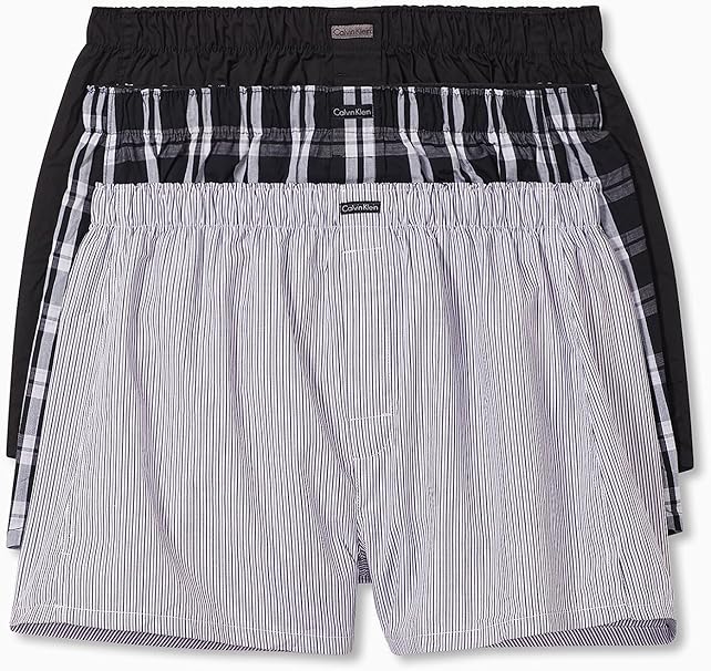 Calvin Klein Men’s Cotton Classics Woven Boxer 3 Pack – Black/Plaid/Stripe