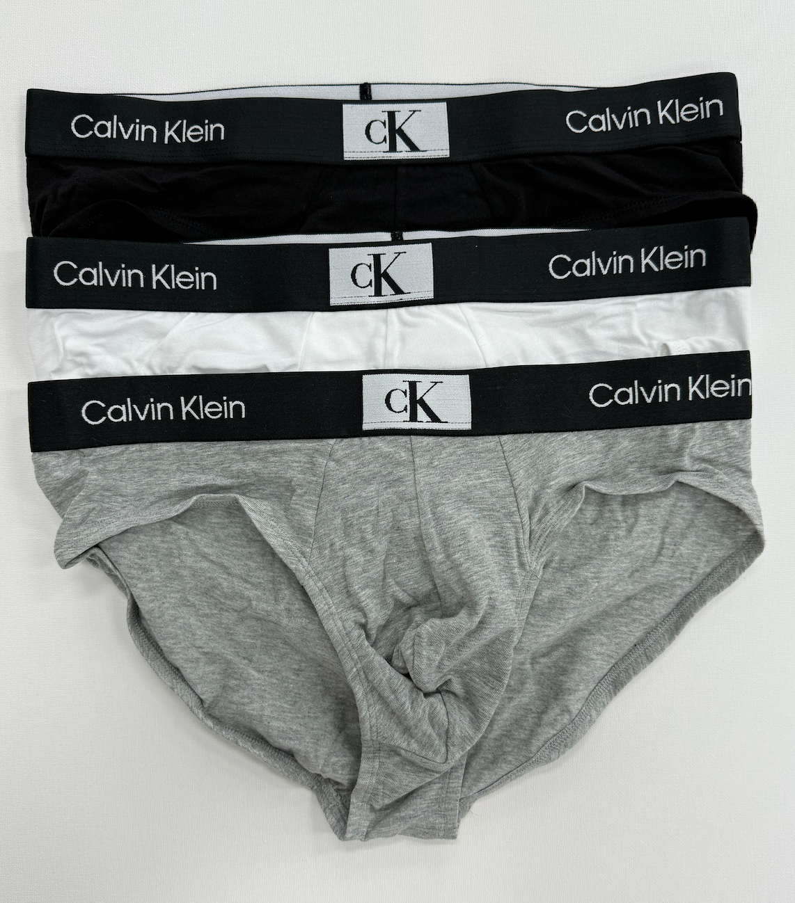 Calvin Klein 1996 Mens Underwear Cotton Stretch Hip Brief 3 Pack - Black/White/Grey