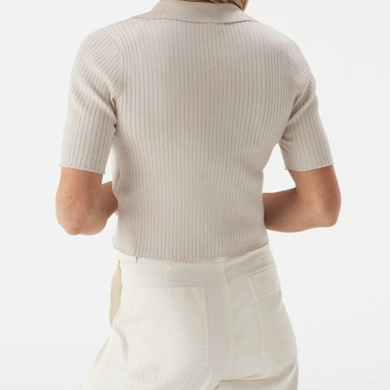 Calvin Klein Jeans Women's Ribbed Ballet Sleeve Polo Tee / T-Shirt / Tshirt - Birch