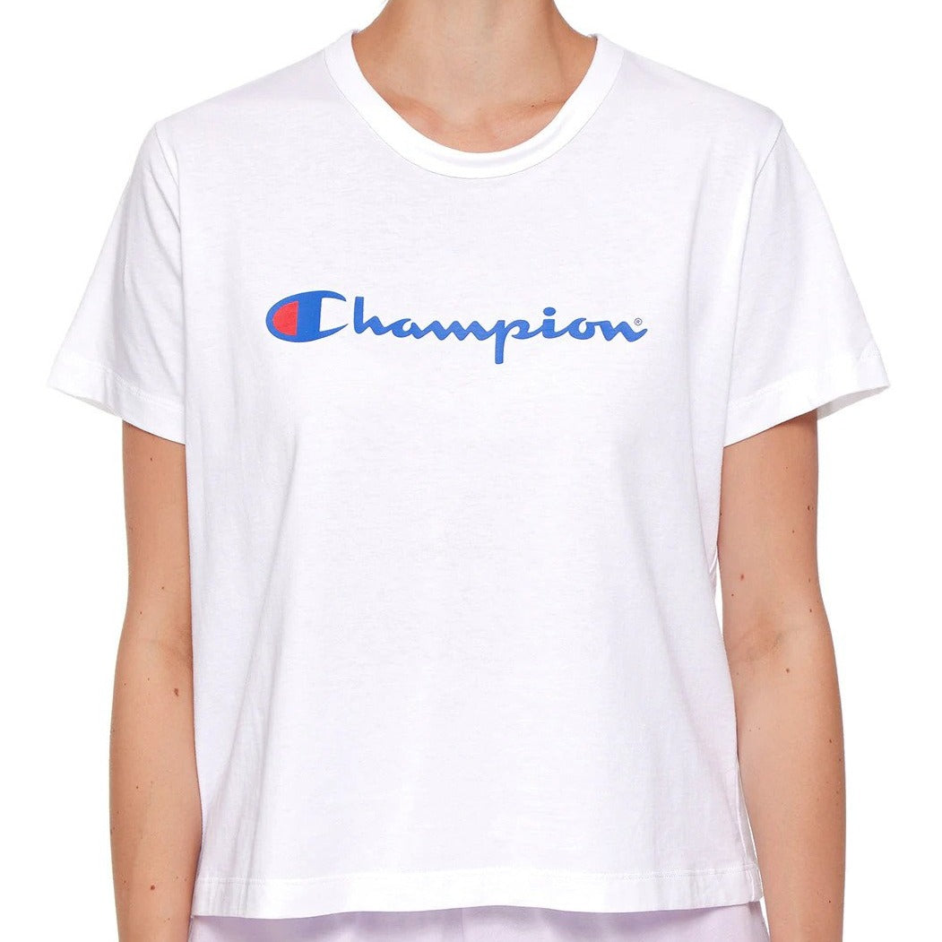 Champion Women's Script Logo Cropped Tee / T-Shirt / Tshirt - White