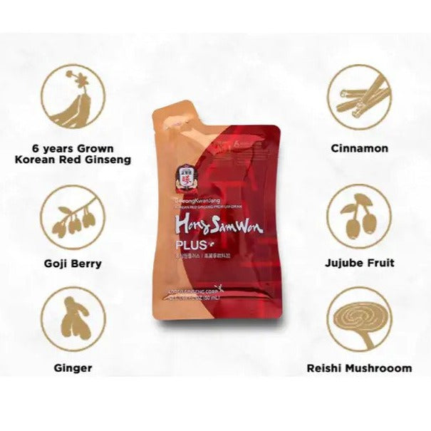 Hong Sam Korean Tea Healthy Energy Drink 30 Pouch 50ml Red Ginseng Herbal Plus