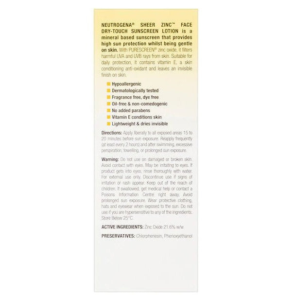 Neutrogena Sheer Zinc Face Dry-Touch Sunscreen Lotion SPF50 59mL