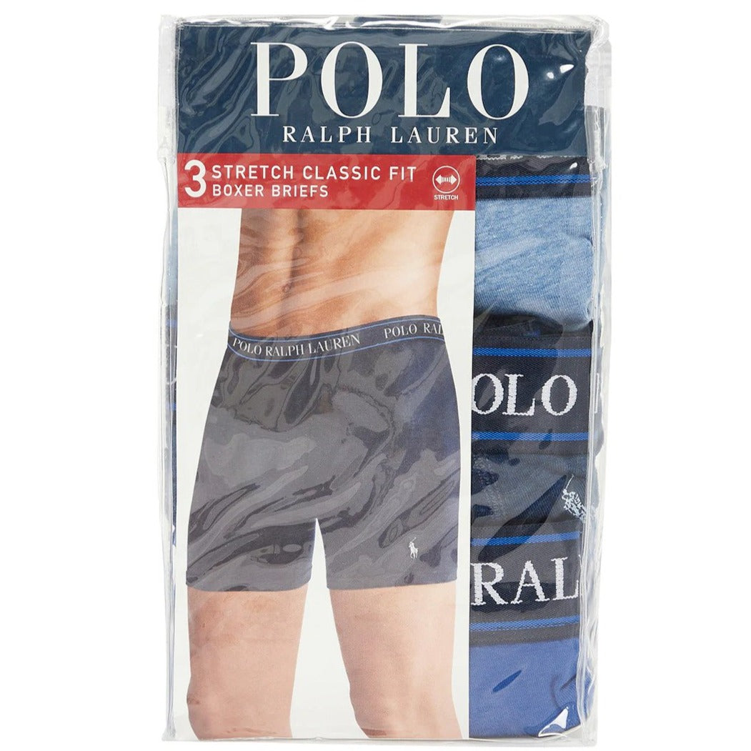 Polo Ralph Lauren Men's Stretch Classic Fit Boxer Briefs 3-Pack - Heather Blue/Monroe Blue/Navy Logo