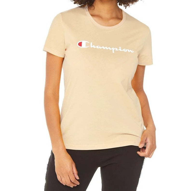Champion Women's Short Sleeve Script Tee / T-Shirt / Tshirt - Still Beige