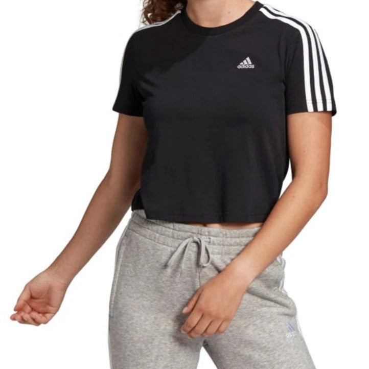 Adidas Women's Essentials Loose 3-Stripes Cropped Tee / T-Shirt / Tshirt - Black/White