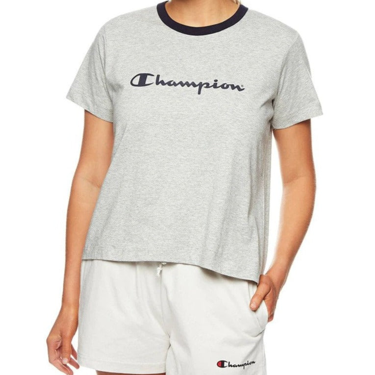 Champion Women's Script Panel Ringer Tee / T-Shirt / Tshirt - Oxford Heather
