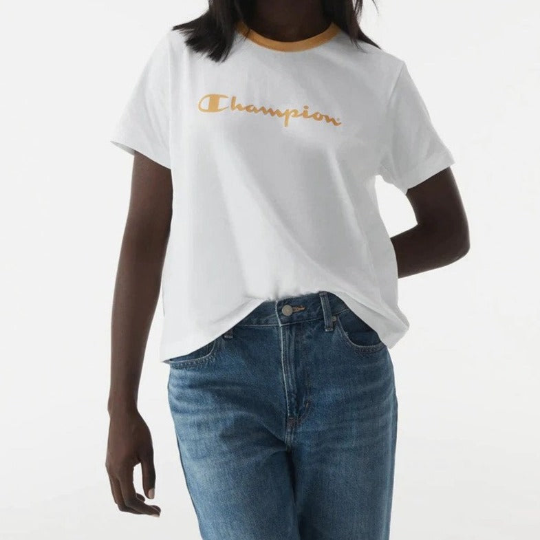 Champion Women's Panel Tee / T-Shirt / Tshirt - White/Mustard