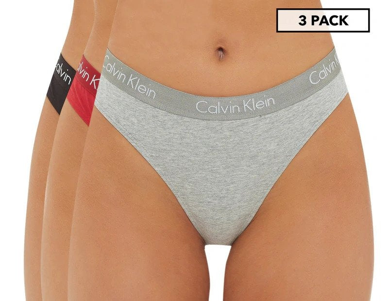 Calvin Klein Women's Motive Cotton Thong 3-Pack - Black/Red/Grey Heather
