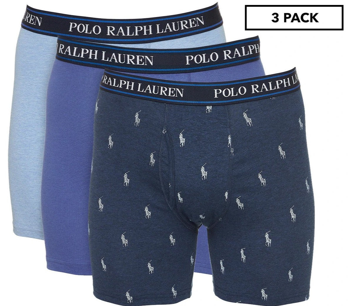Polo Ralph Lauren Men's Stretch Classic Fit Boxer Briefs 3-Pack - Heather Blue/Monroe Blue/Navy Logo