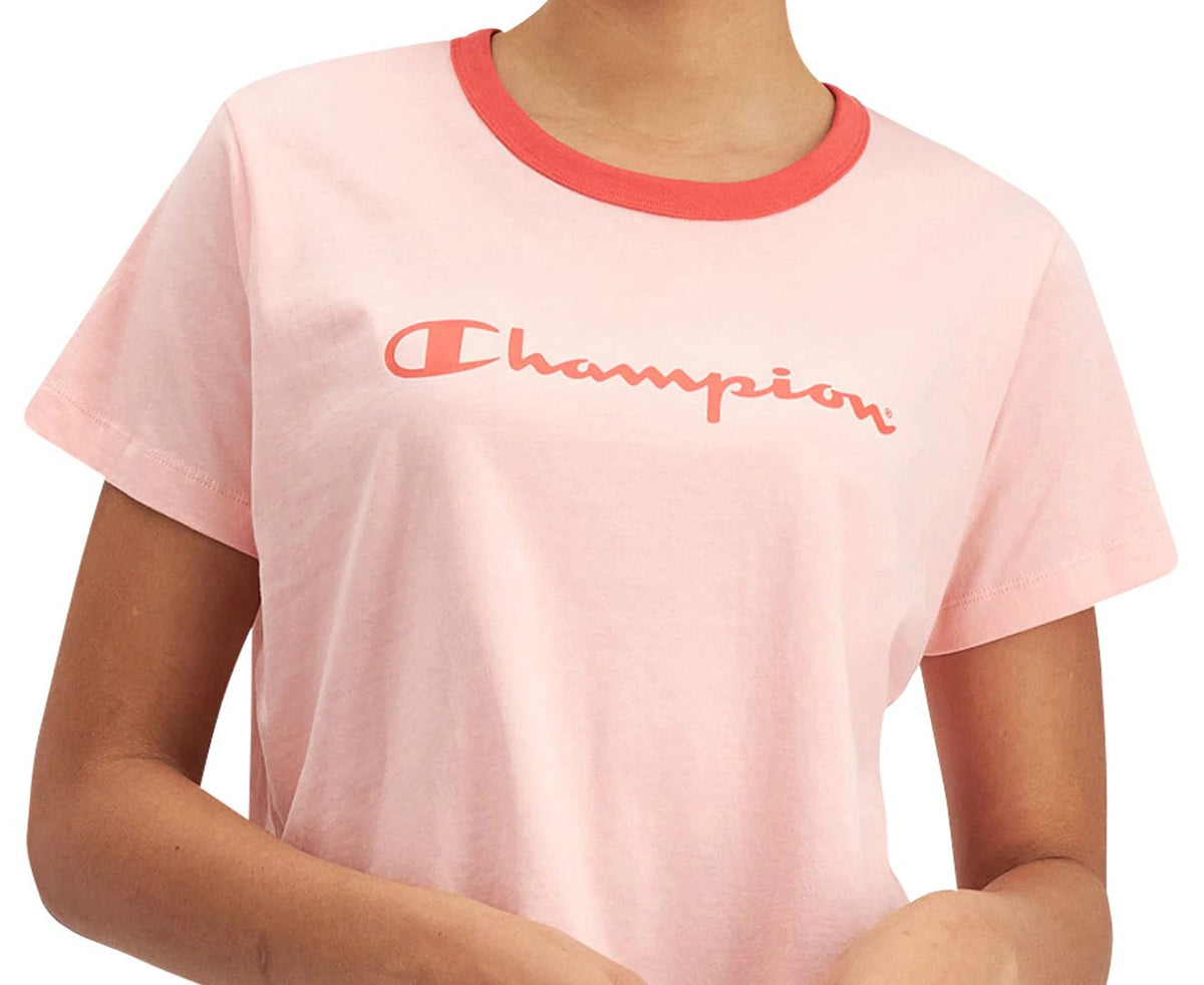 Champion Women's Script Panel Ringer Tee / T-Shirt / Tshirt - Peach Schnapps