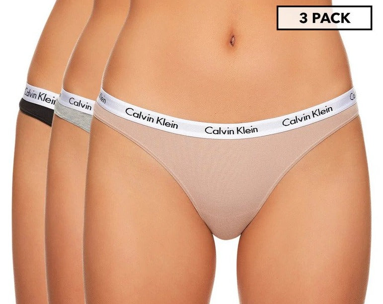 Calvin Klein Women's Carousel Thong/String 3-Pack - Grey Heather/Black/Cedar