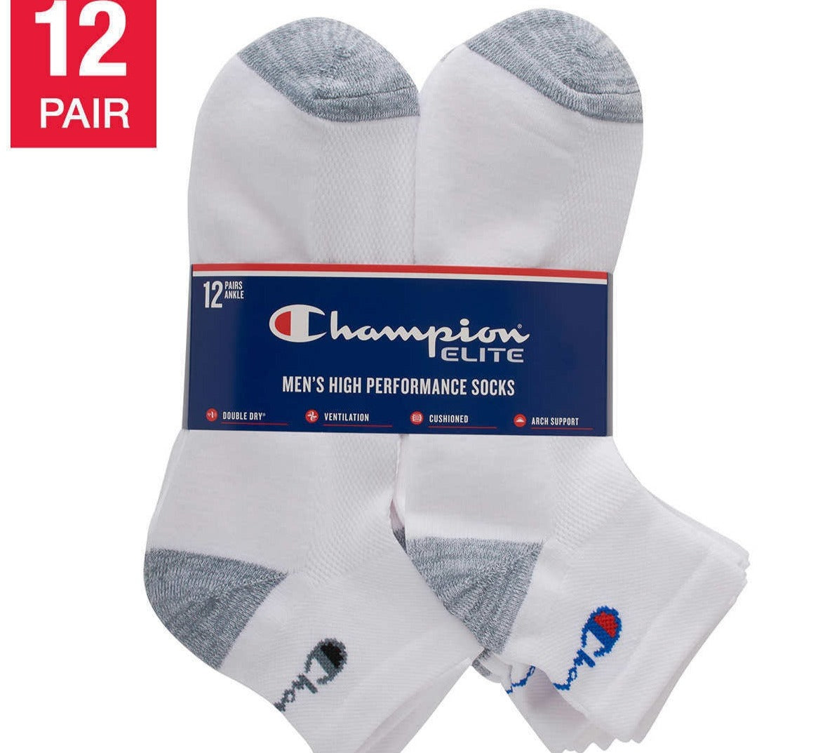 Champion Men's High Performance Ankle Sock, 12 Pairs, White, Shoe Size 6-12