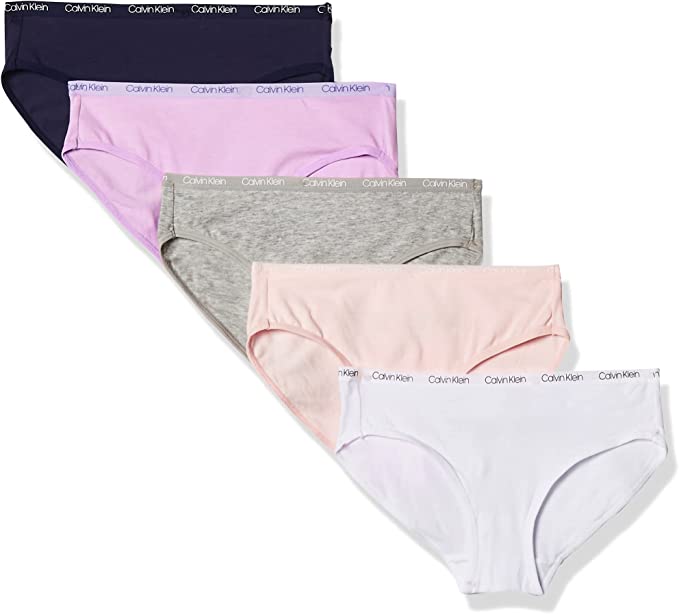 Calvin Klein Girls' Underwear Cotton Bikini Briefs Panty, 5 Pack - Heather Grey/White/Crystal Pink/Symphony/Ck Lilac