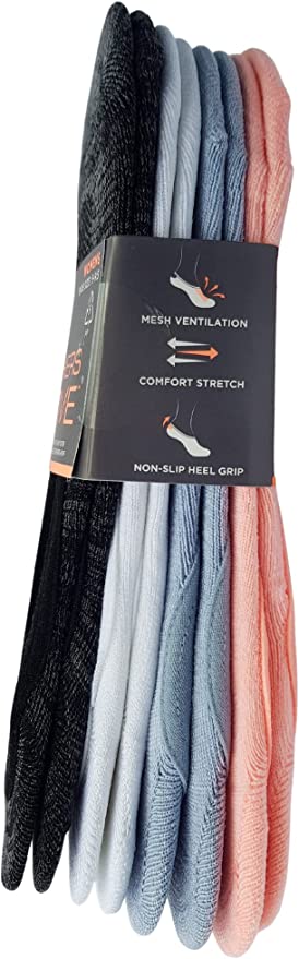 Skechers Women No Show Liner Sock 8 Pack - Black/White/Blue/Pink Shoe Size 5-9.5
