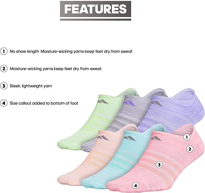 Adidas Girls Kids Girls Superlite No Show Socks 6 Pair - Easy Green/Light Flash Orange/Light Flash Purple