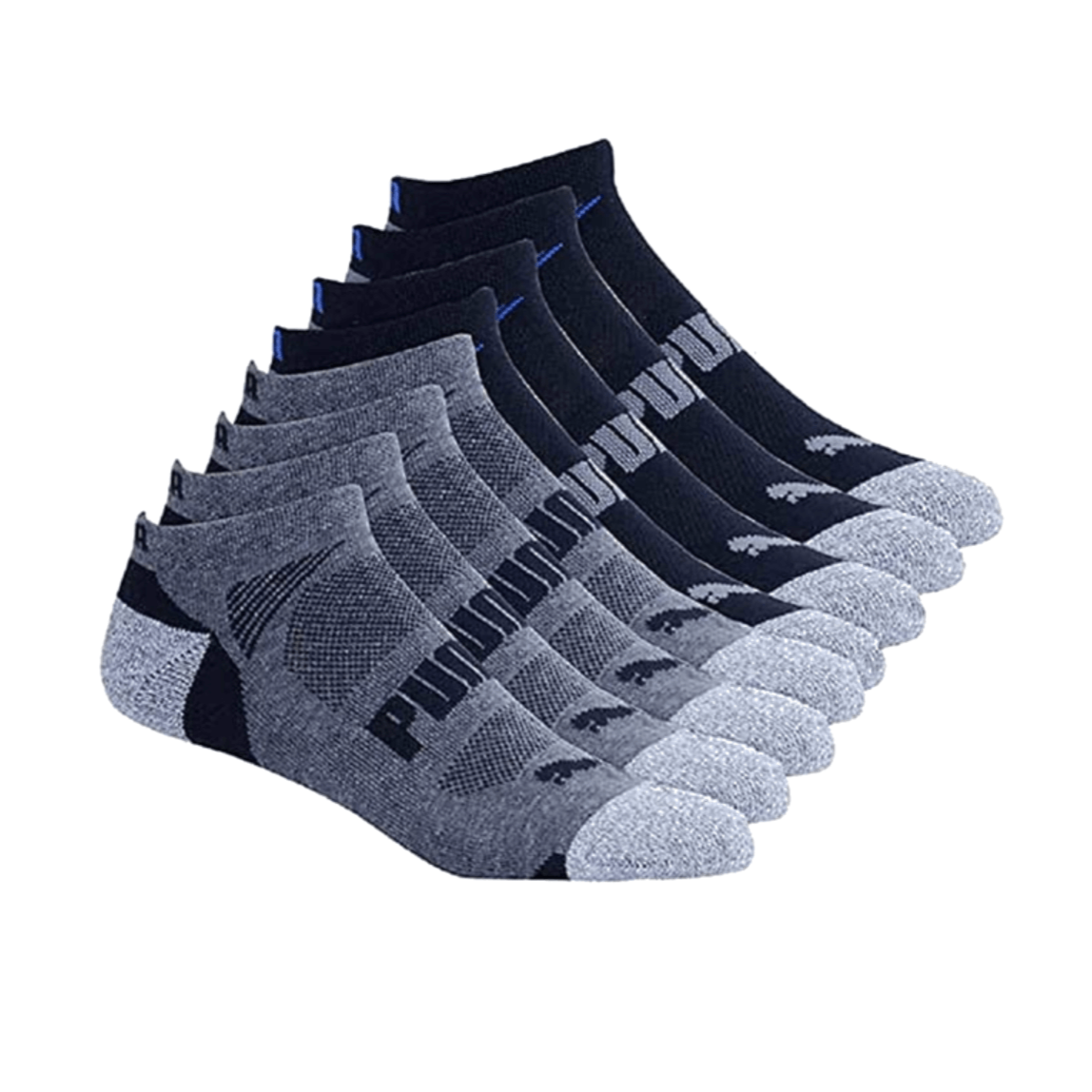 Puma Men's Low Cut 8 Pack Sport Socks, Moisture Control, Arch Support, Men's Shoe Size 6-12 - Steel Grey/Strong Blue