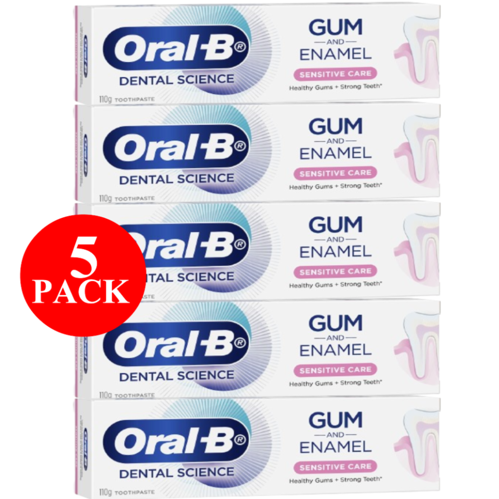 Pack of 5 Oral-B Gum & Enamel Sensitive Care Mint Toothpaste, with the text '5 Gum Care Pack' and 'Enamel Sensitive Care'. The packaging is predominantly blue and white with a mint green box design.