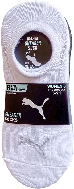 Puma Ladies Women No Show Sport Liner Socks 8-Pair Shoe Size: 5-9.5 - Black/White/Grey