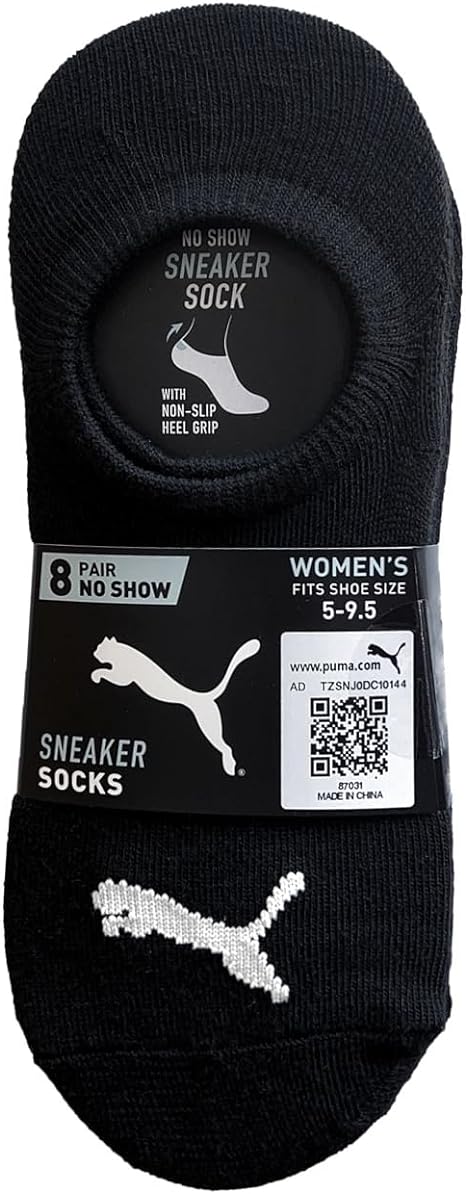 Puma Ladies Women No Show Sport Liner Socks 8-Pair Shoe Size: 5-9.5 - Black/White/Grey