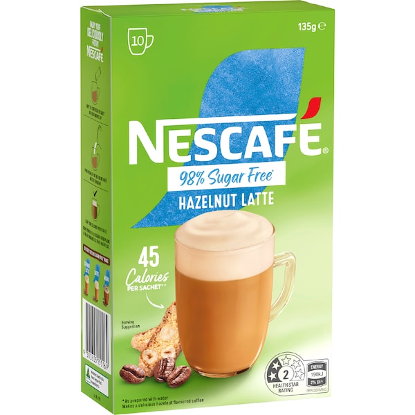 Nescafe 98% Sugar Free Hazelnut Latte Coffee Sachets (100 serves)