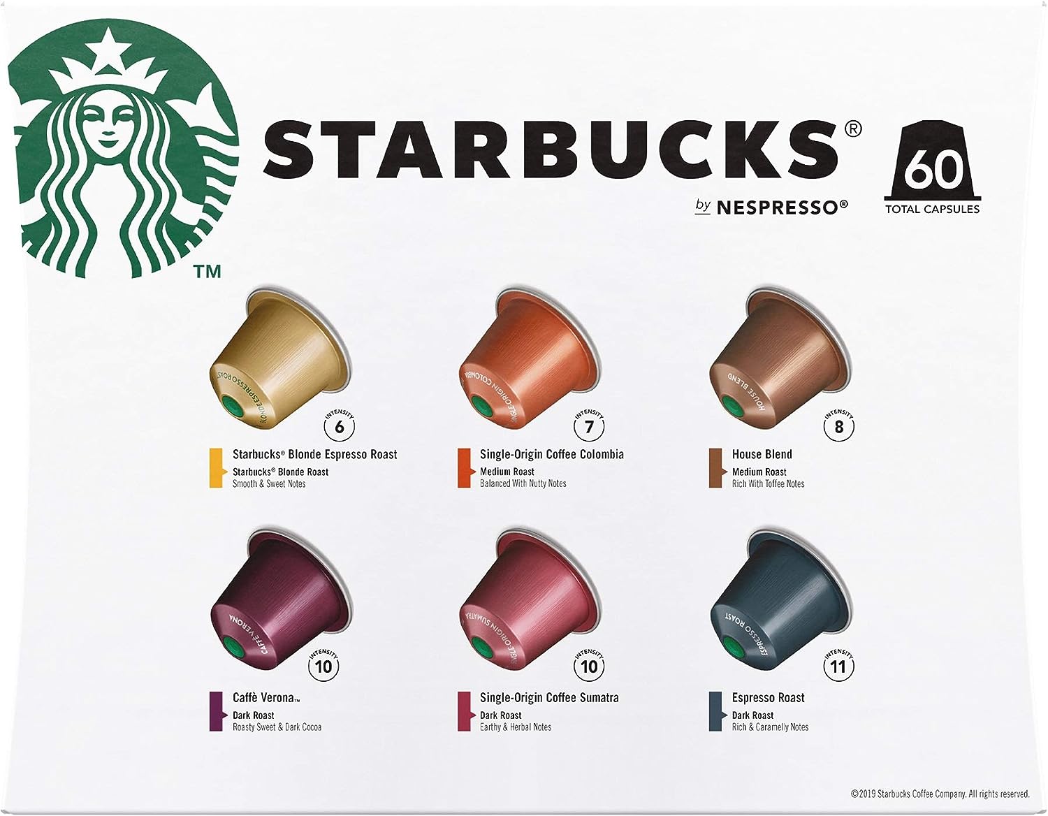 Starbucks By Nespresso Coffee Pods Variety Pack 60 Capsules (10 of each flavour)
