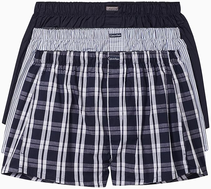 Calvin Klein Men’s Cotton Classics Woven Boxer 3 Pack – Tide/Plaid/Stripe