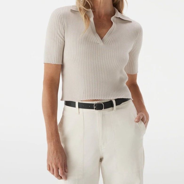 Calvin Klein Jeans Women's Ribbed Ballet Sleeve Polo Tee / T-Shirt / Tshirt - Birch