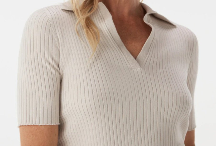 Calvin Klein Jeans Women's Ribbed Ballet Sleeve Polo Tee / T-Shirt / Tshirt - Birch