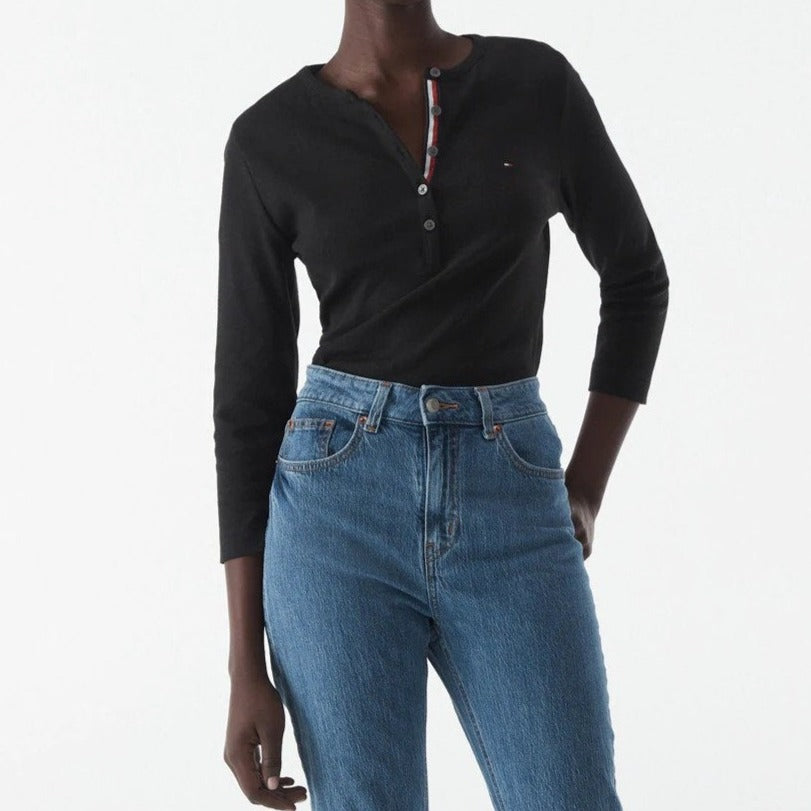 Tommy Hilfiger Women's Skinny Crew Neck Rib Henley - Dark Sable