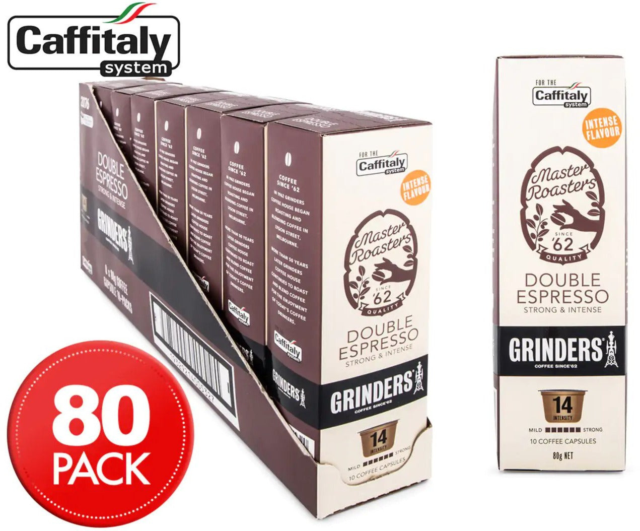8 x Grinders Master Roasters Double Espresso Caffitaly Coffee Capsules 10pk