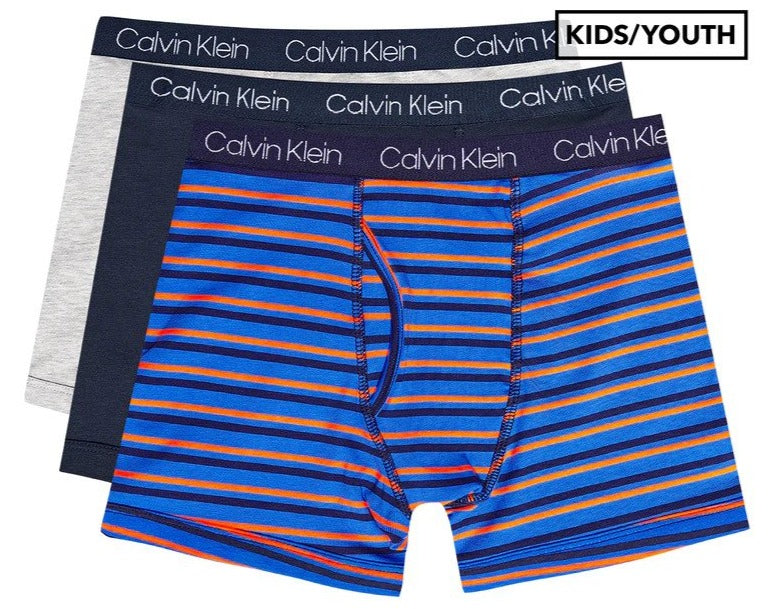 Calvin Klein Boys' Cotton Stretch Boxer Briefs 3-Pack - Black Iris/Grey/Blue Pin Stripe