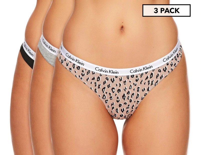 Calvin Klein Women's Carousel Thong/String 3-Pack - Black/Grey/Cheetah/Honey Almond