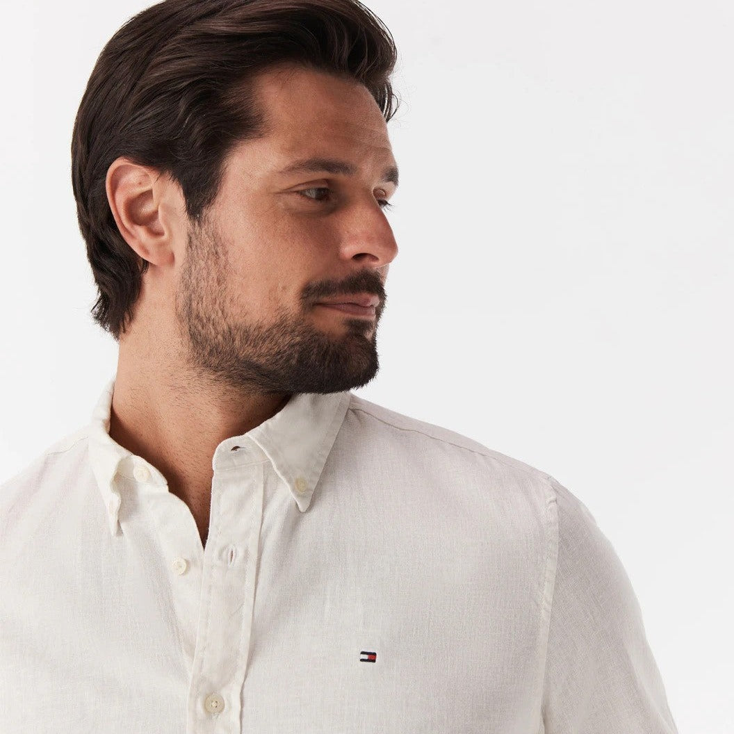 Tommy Hilfiger Men's Pigment Dyed Linen Regular Fit Shirt - White Suede