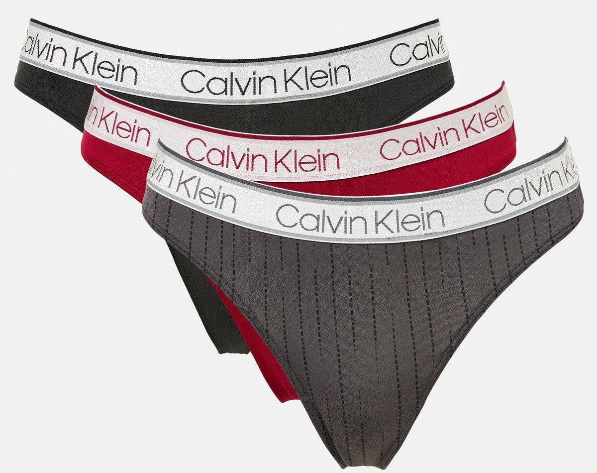 Calvin Klein Women's Chromatic Thong 3-Pack - Black/Red Carpet/Chalk Stripe Grey
