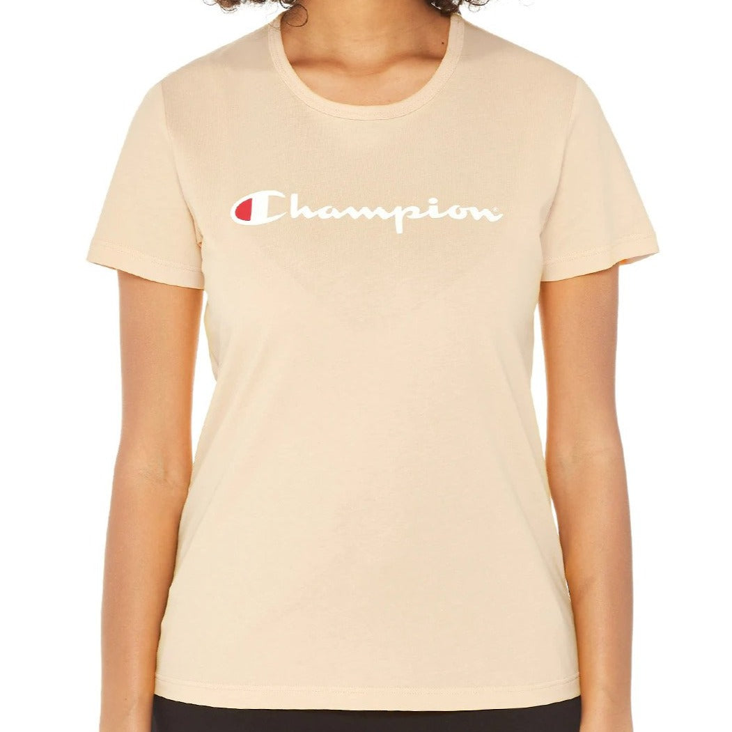 Champion Women's Short Sleeve Script Tee / T-Shirt / Tshirt - Still Beige