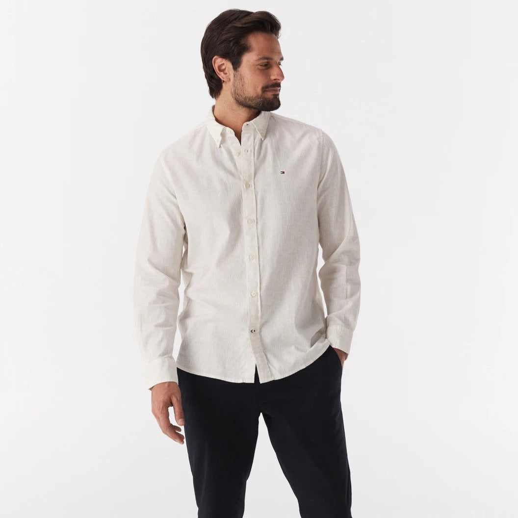 Tommy Hilfiger Men's Pigment Dyed Linen Regular Fit Shirt - White Suede