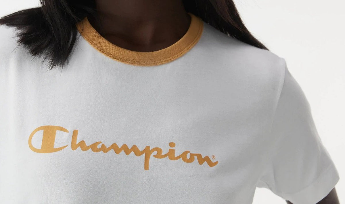 Champion Women's Panel Tee / T-Shirt / Tshirt - White/Mustard