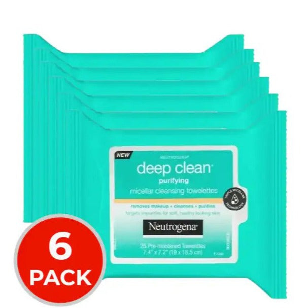 6 x Neutrogena Micellar Cleansing Towelettes Deep Clean Purifying PK25