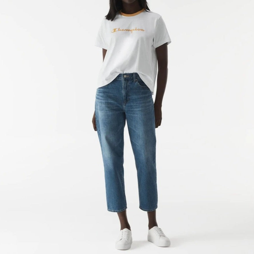 Champion Women's Panel Tee / T-Shirt / Tshirt - White/Mustard