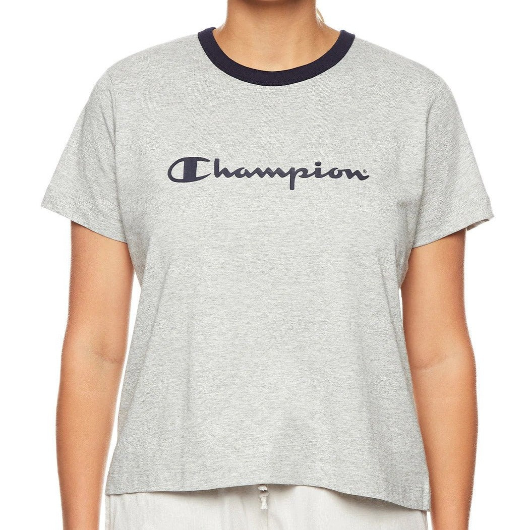 Champion Women's Script Panel Ringer Tee / T-Shirt / Tshirt - Oxford Heather