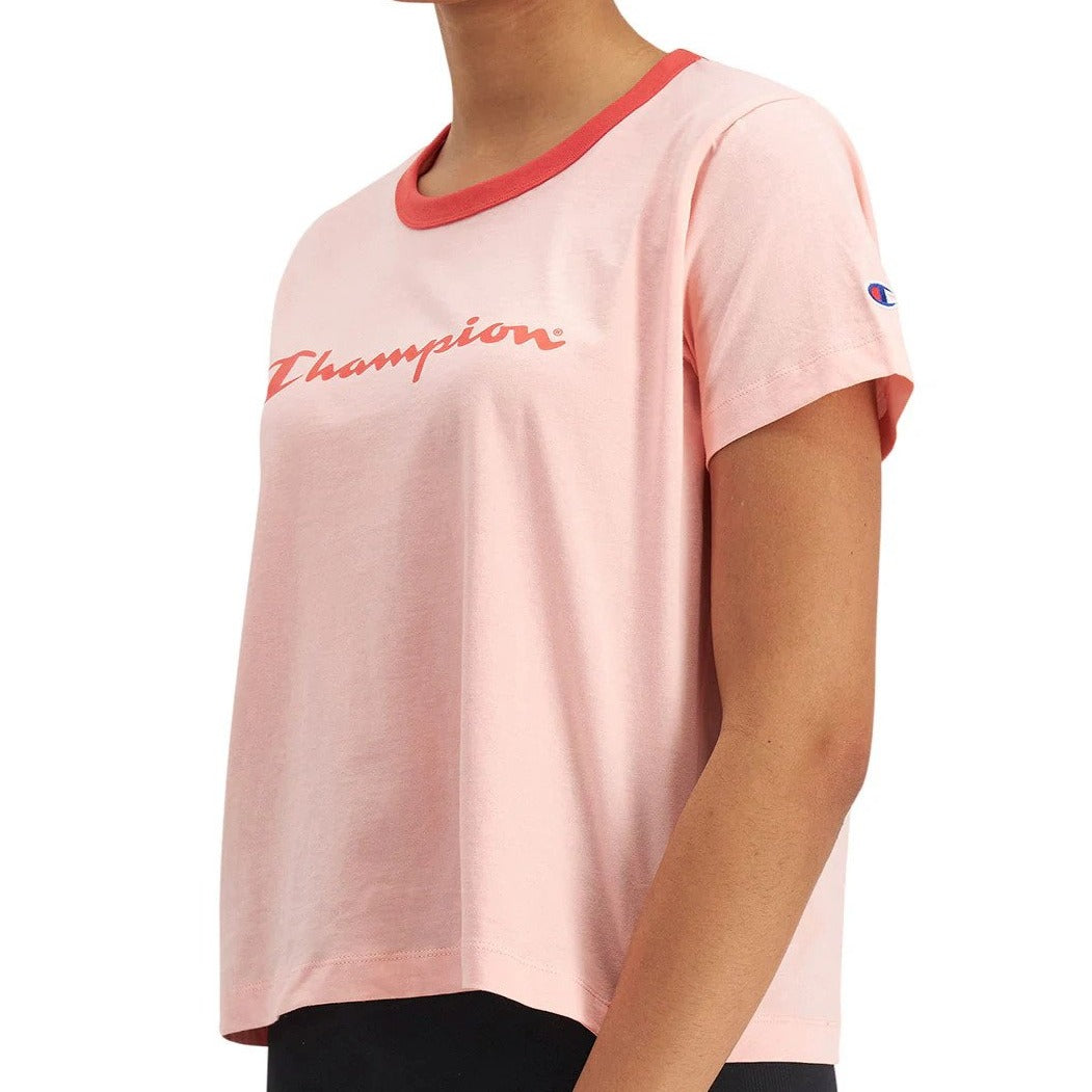 Champion Women's Script Panel Ringer Tee / T-Shirt / Tshirt - Peach Schnapps