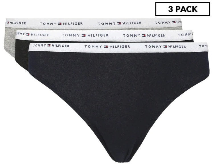 Tommy Hilfiger Women's Basics Classic Logo Thongs 3-Pack - Grey Heather/Black/Blue