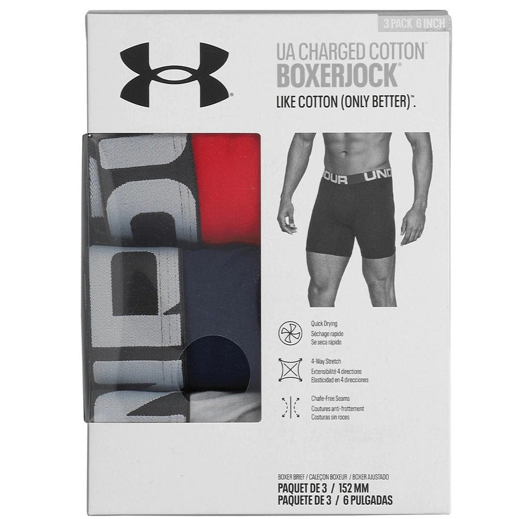 Under Armour Men's Charged Cotton 6" Boxerjock Trunks 3-Pack - Red/Academy/Mod Grey Medium Heather