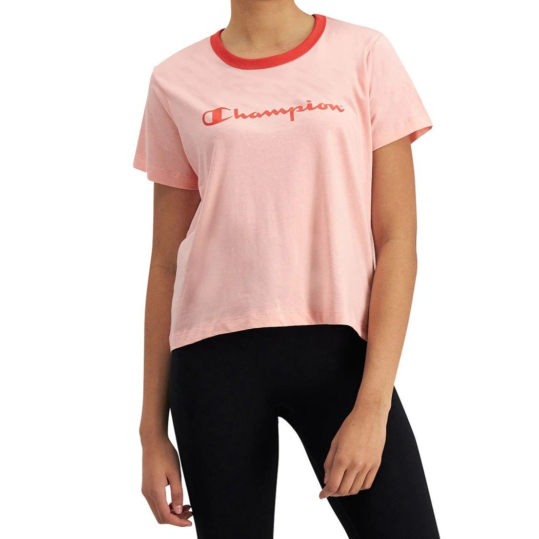 Champion Women's Script Panel Ringer Tee / T-Shirt / Tshirt - Peach Schnapps