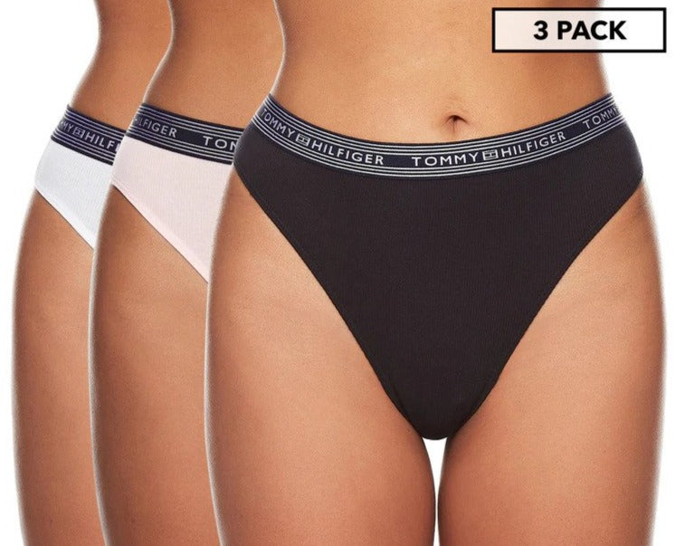 Tommy Hilfiger Women's Rib Cotton Thong Briefs 3-Pack - Blushing Bride/White/Black