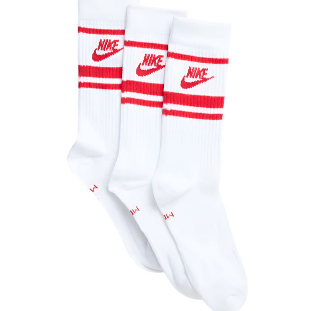 Nike Womens Mens Unisex Sportswear Dri-FIT Everyday Essential Socks 3-Pack - White/ University Red