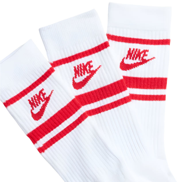 Nike Womens Mens Unisex Sportswear Dri-FIT Everyday Essential Socks 3-Pack - White/ University Red